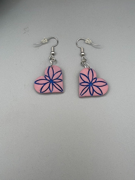 Pink & Blue Heart Dangle Earrings - handcrafted polymer clay earrings by Lakeside Clay