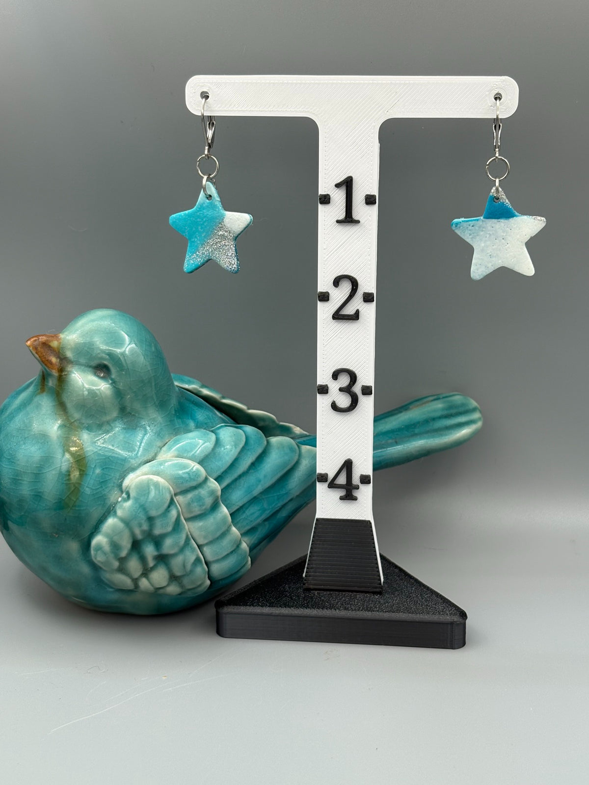 Teal & White Star Dangle Earrings - handcrafted polymer clay earrings by Lakeside Clay