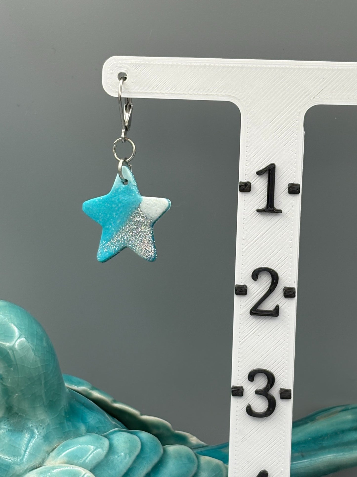 Teal & White Star Dangle Earrings - handcrafted polymer clay earrings by Lakeside Clay