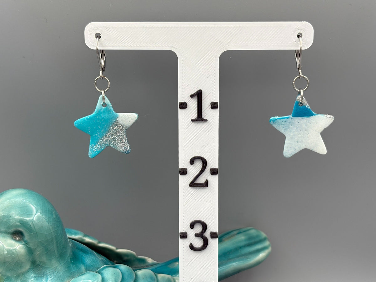 Teal & White Star Dangle Earrings - handcrafted polymer clay earrings by Lakeside Clay