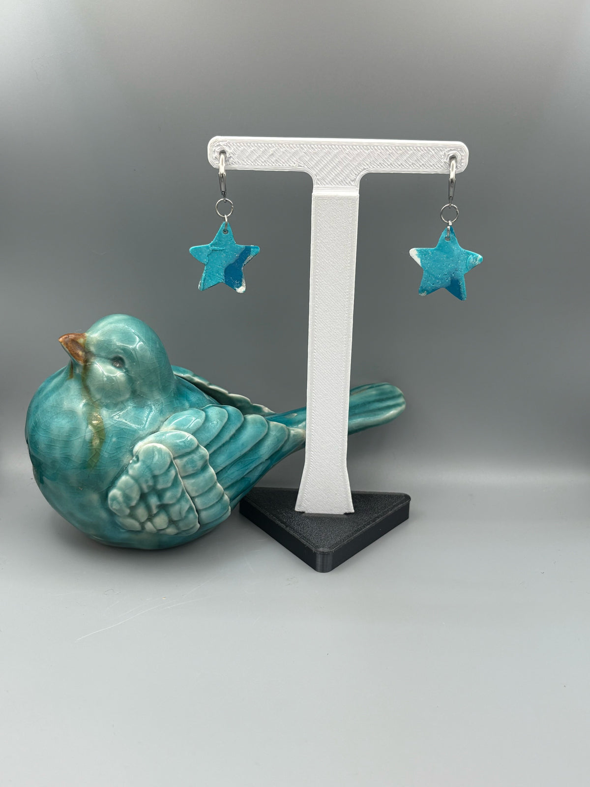 Teal & White Star Dangle Earrings - handcrafted polymer clay earrings by Lakeside Clay