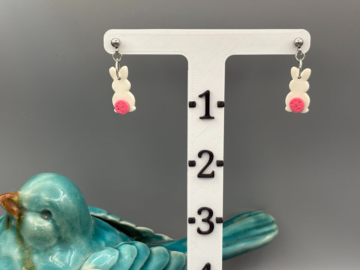 White & Pink Bunny Butt Dangle Earrings - handcrafted polymer clay earrings by Lakeside Clay