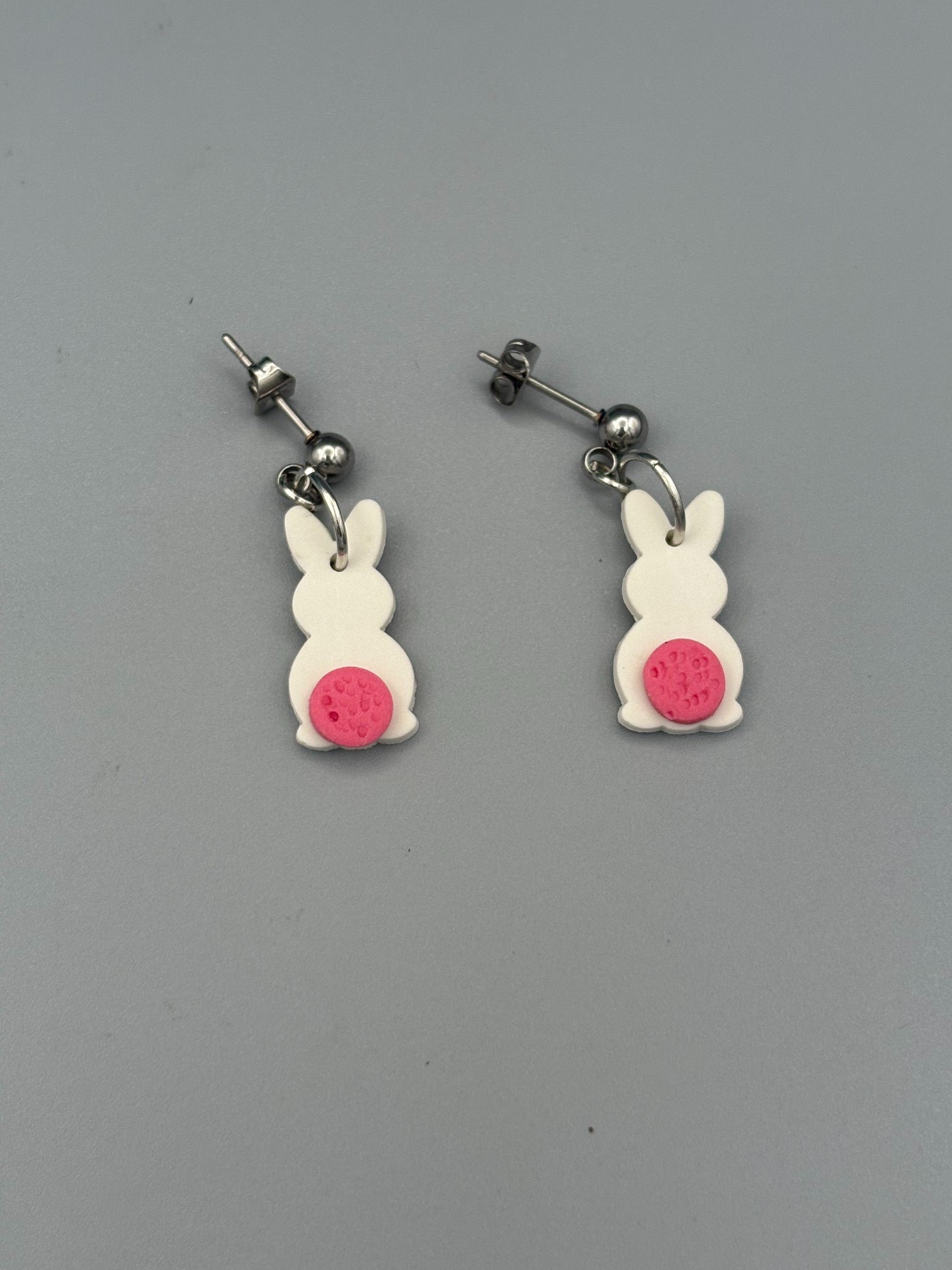 White & Pink Bunny Butt Dangle Earrings - handcrafted polymer clay earrings by Lakeside Clay