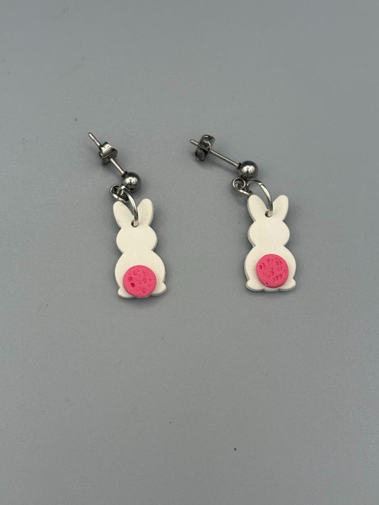 White & Pink Bunny Butt Dangle Earrings - handcrafted polymer clay earrings by Lakeside Clay