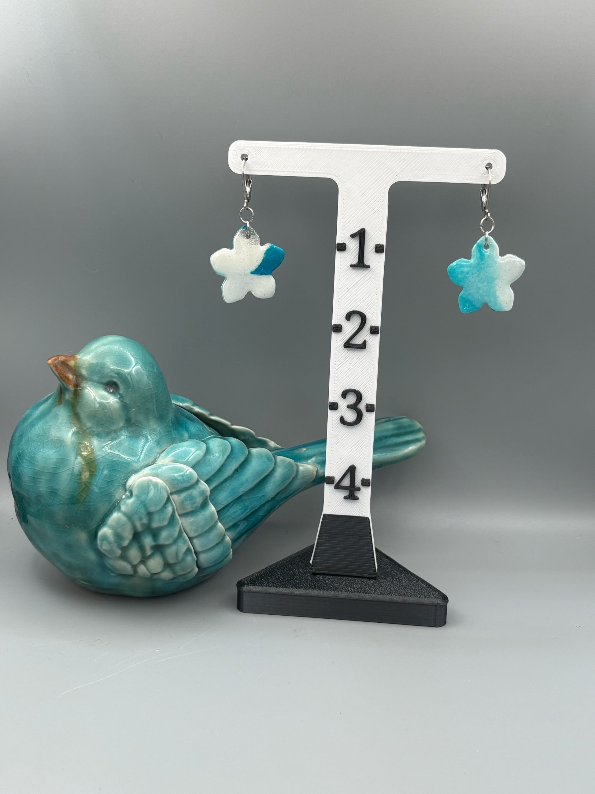 Teal & White Flower Dangle Earrings - handcrafted polymer clay earrings by Lakeside Clay