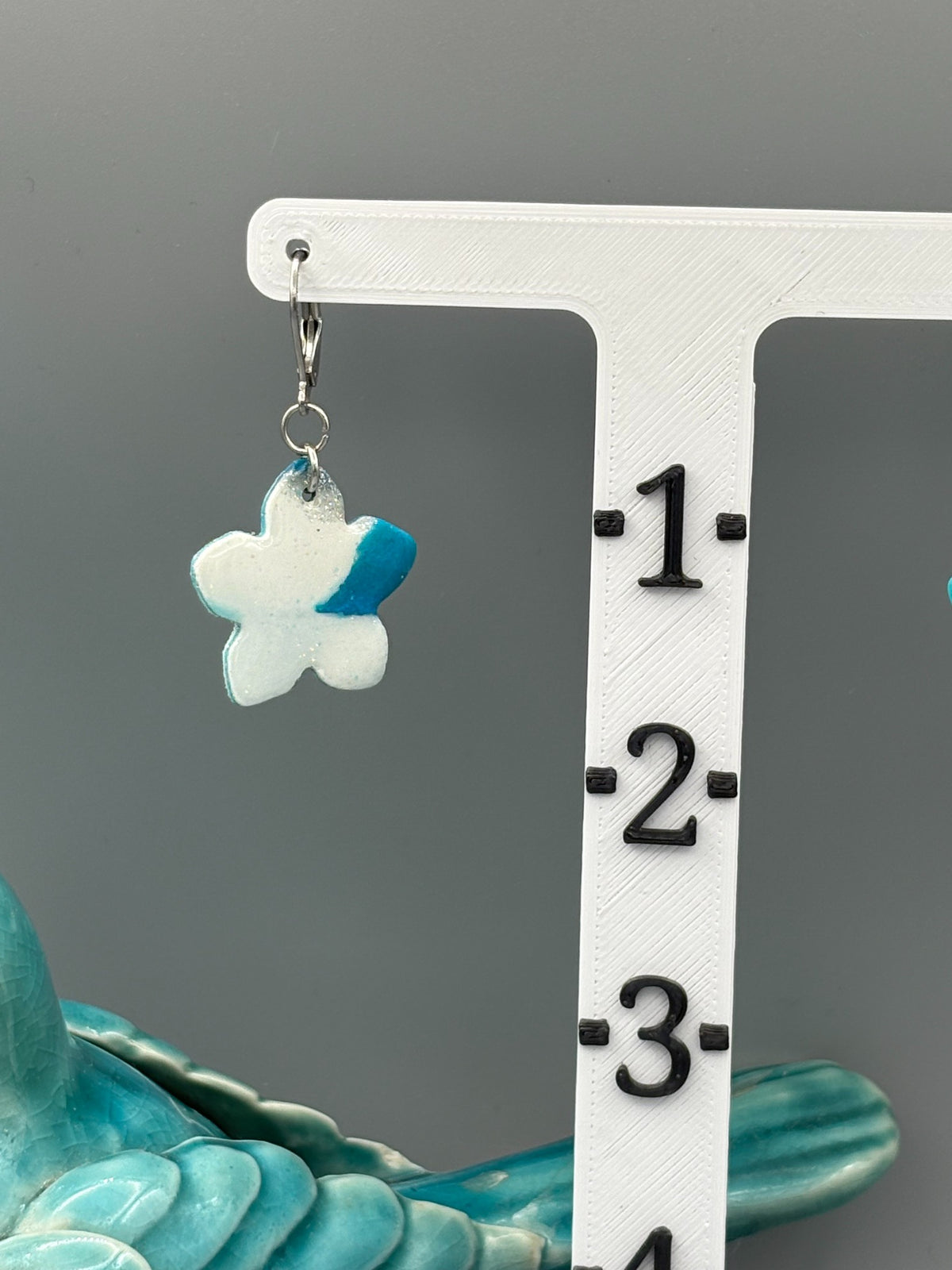 Teal & White Flower Dangle Earrings - handcrafted polymer clay earrings by Lakeside Clay