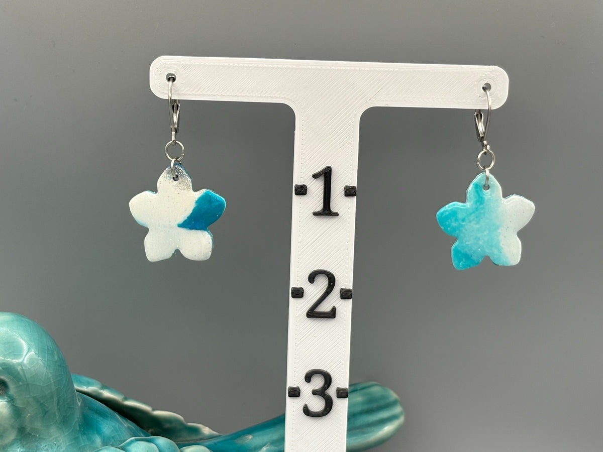 Teal & White Flower Dangle Earrings - handcrafted polymer clay earrings by Lakeside Clay