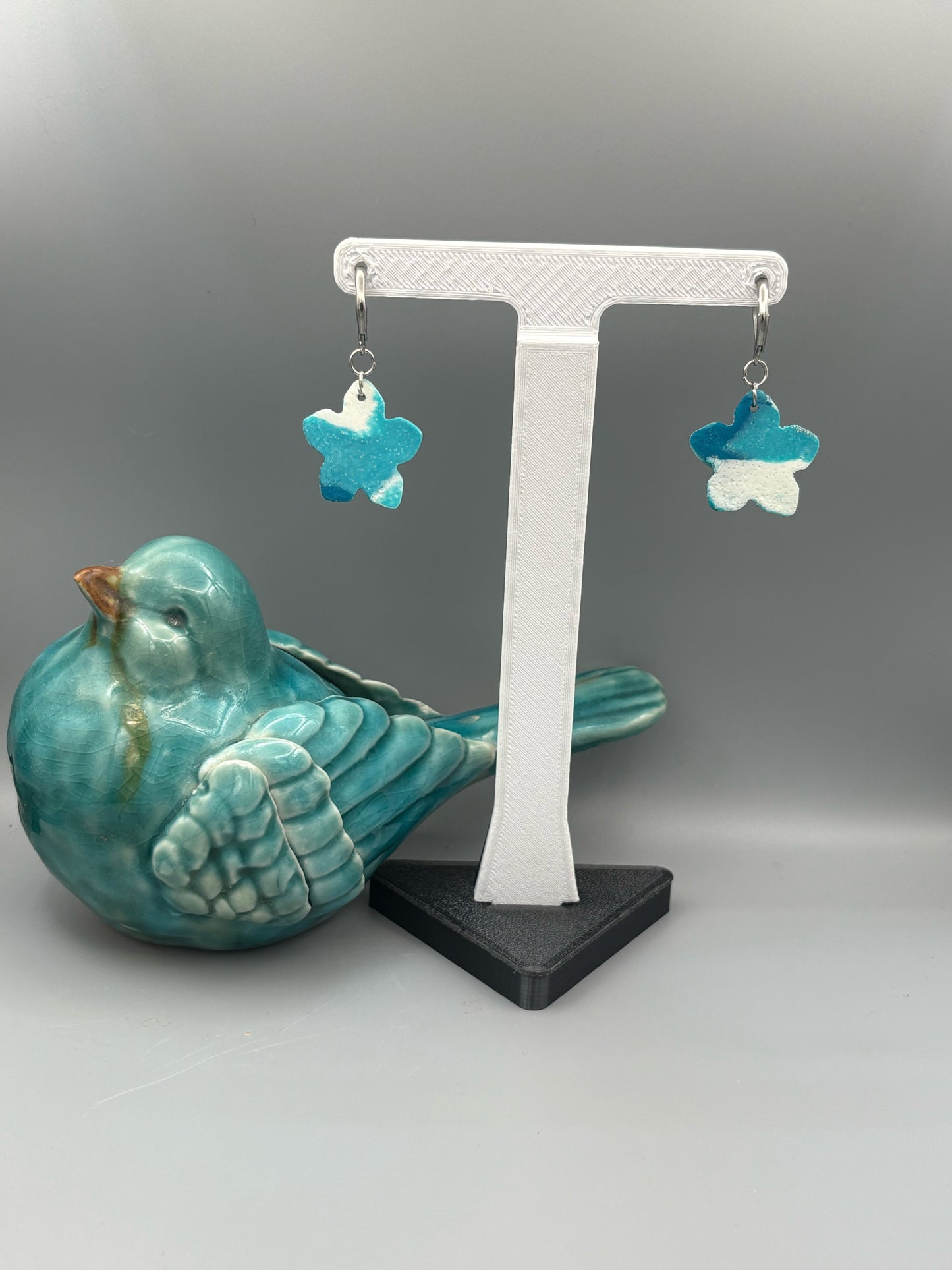 Teal & White Flower Dangle Earrings - handcrafted polymer clay earrings by Lakeside Clay