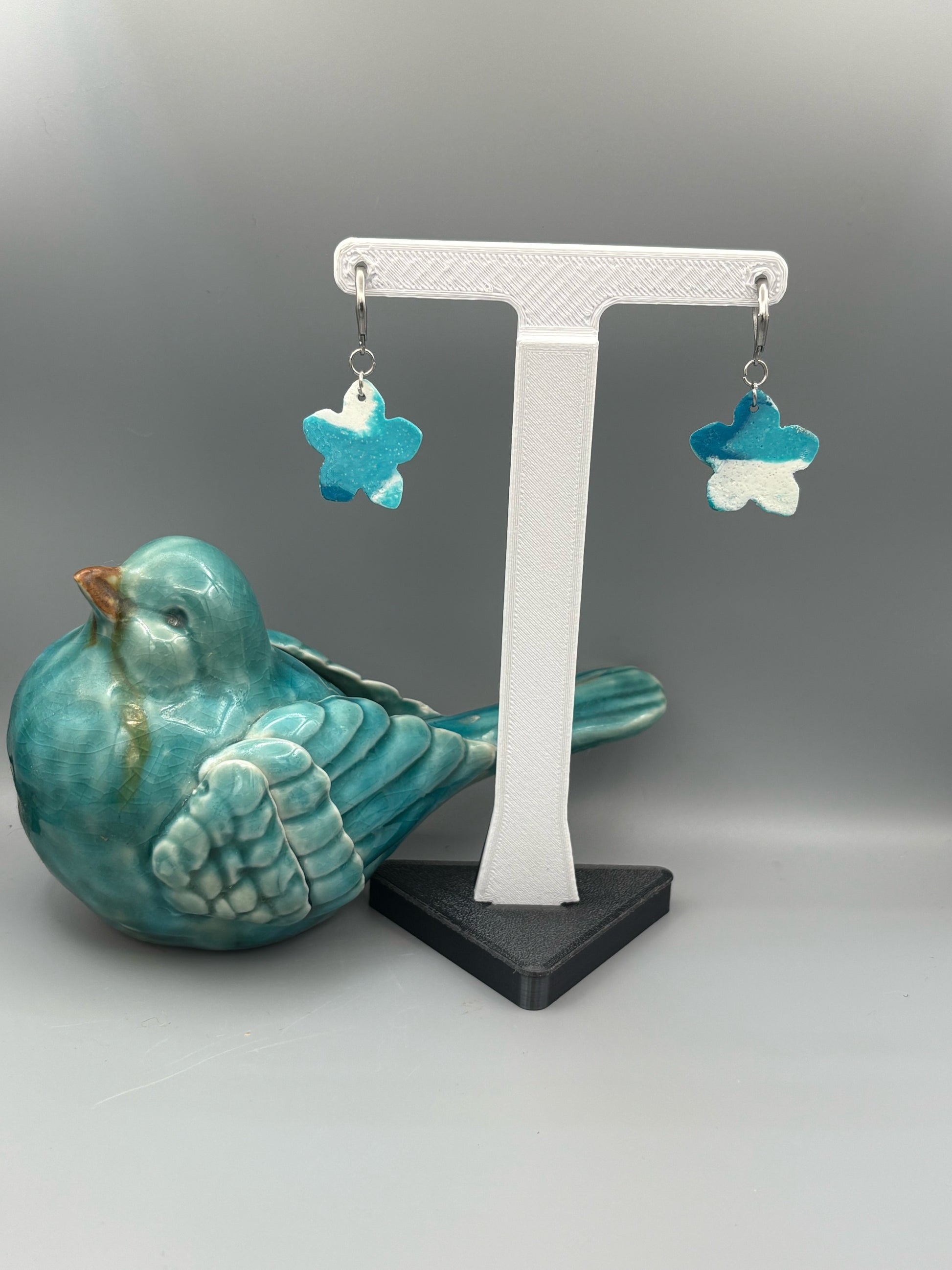 Teal & White Flower Dangle Earrings - handcrafted polymer clay earrings by Lakeside Clay