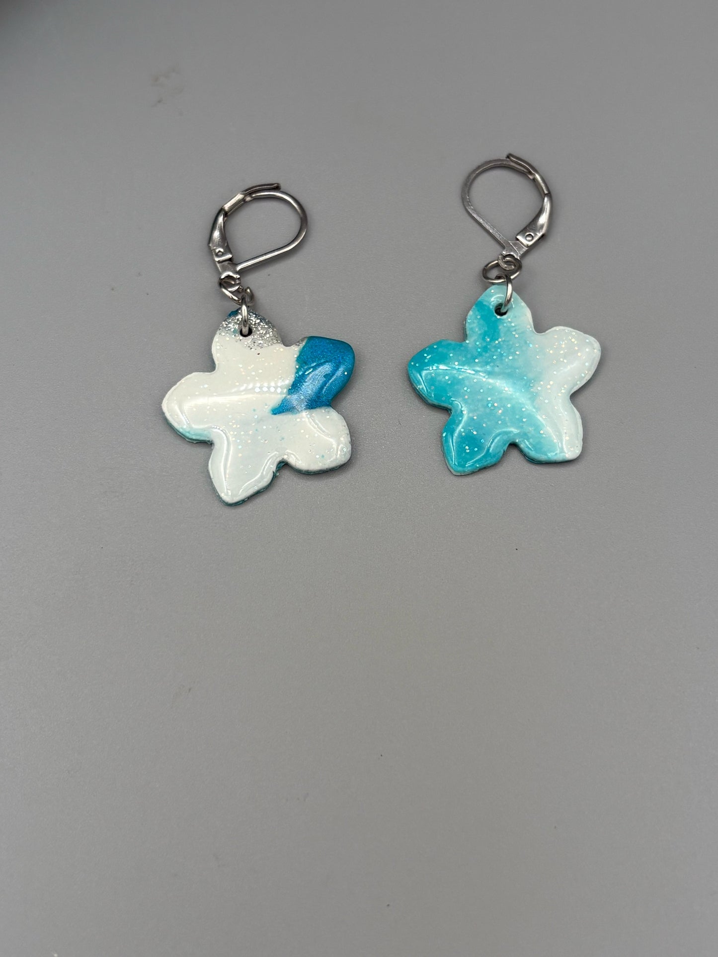 Teal & White Flower Dangle Earrings - handcrafted polymer clay earrings by Lakeside Clay