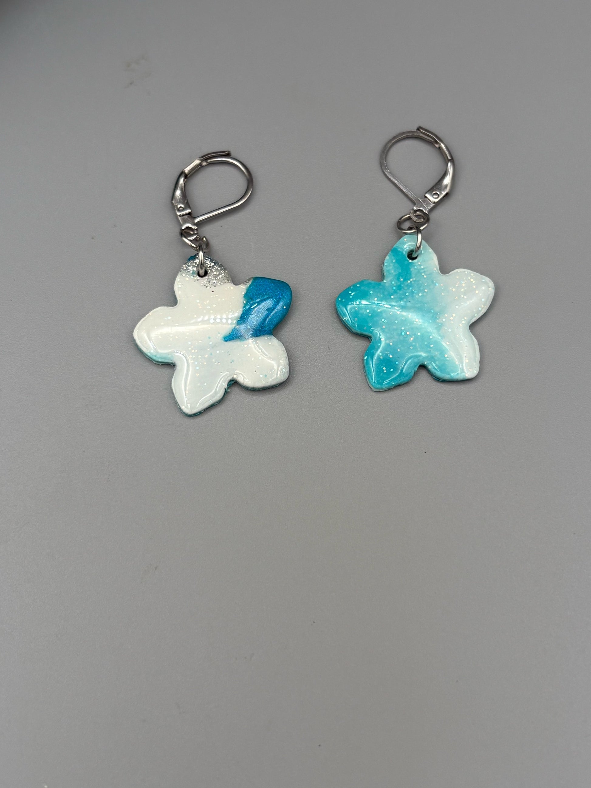 Teal & White Flower Dangle Earrings - handcrafted polymer clay earrings by Lakeside Clay