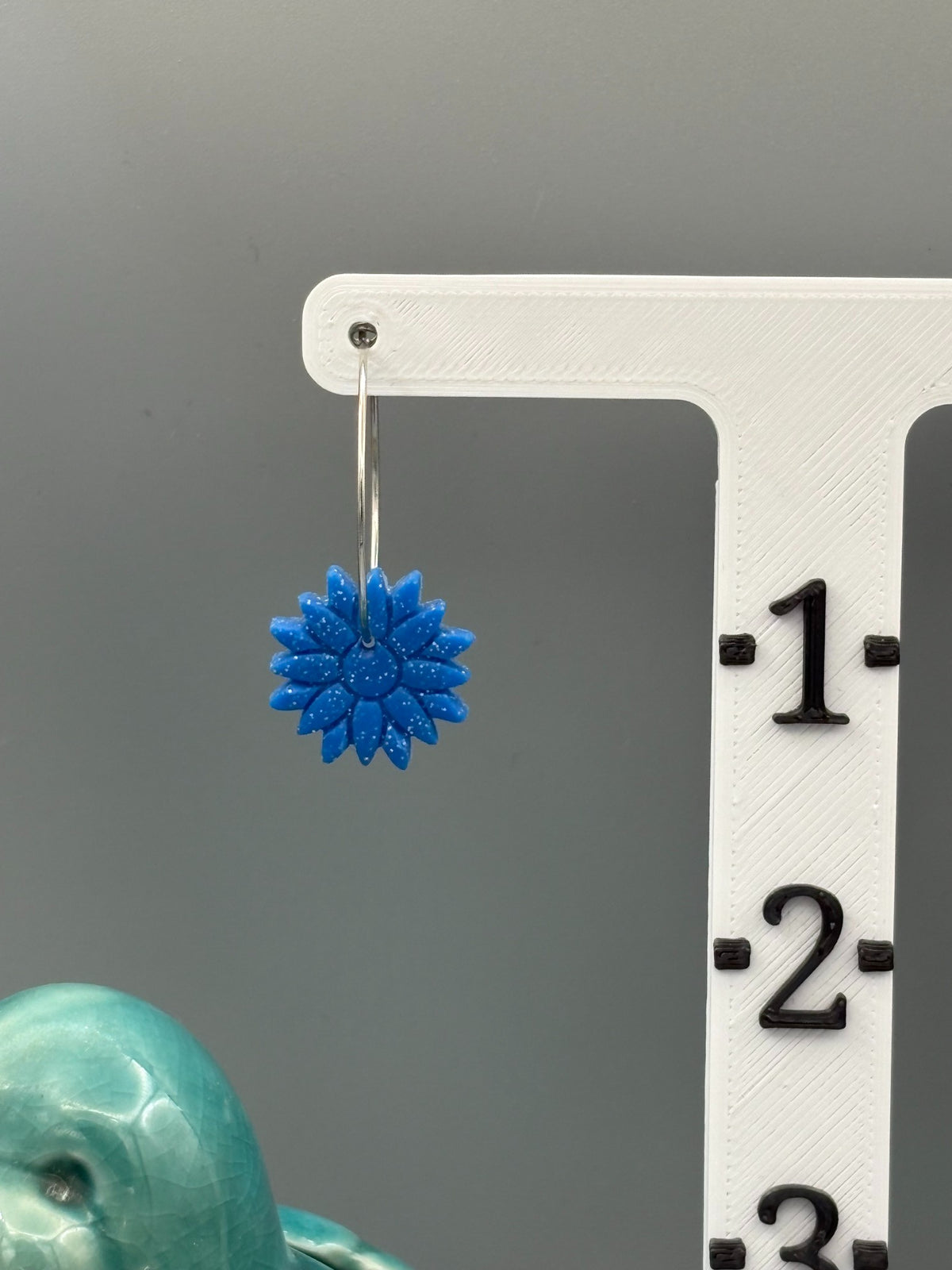 Sparkly Blue Flower Hoop Earrings - handcrafted polymer clay earrings by Lakeside Clay