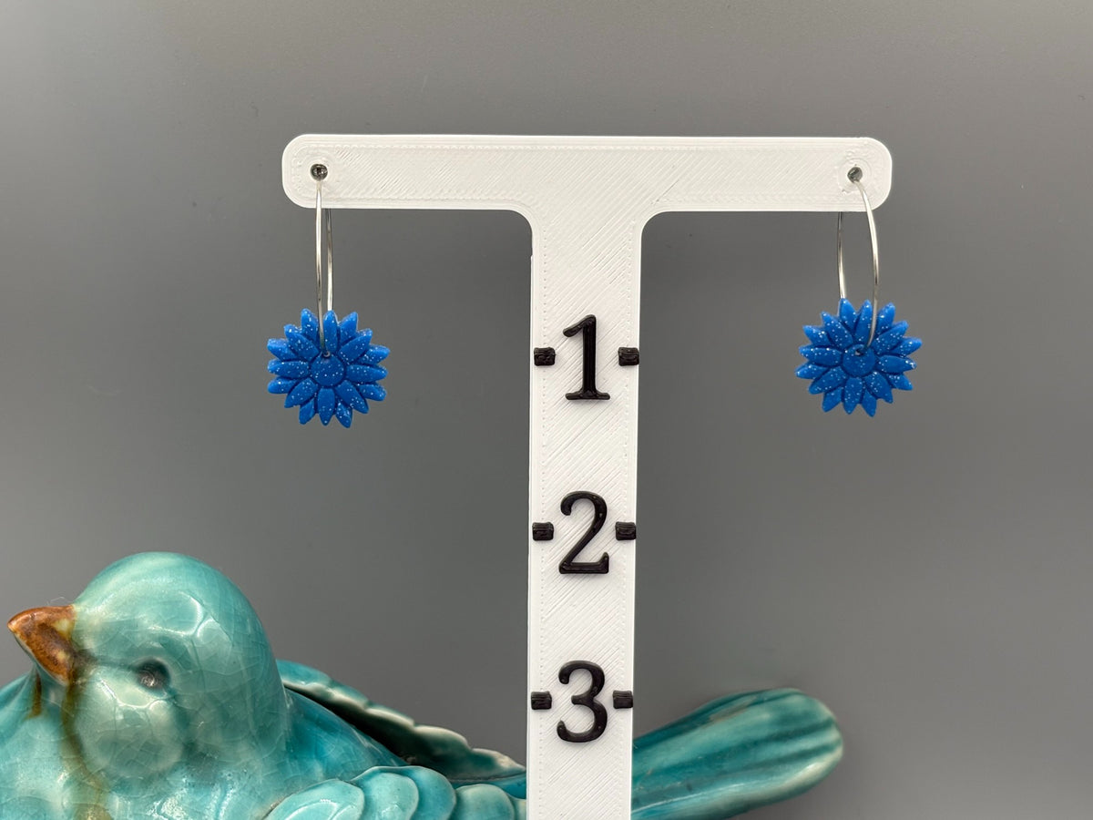 Sparkly Blue Flower Hoop Earrings - handcrafted polymer clay earrings by Lakeside Clay