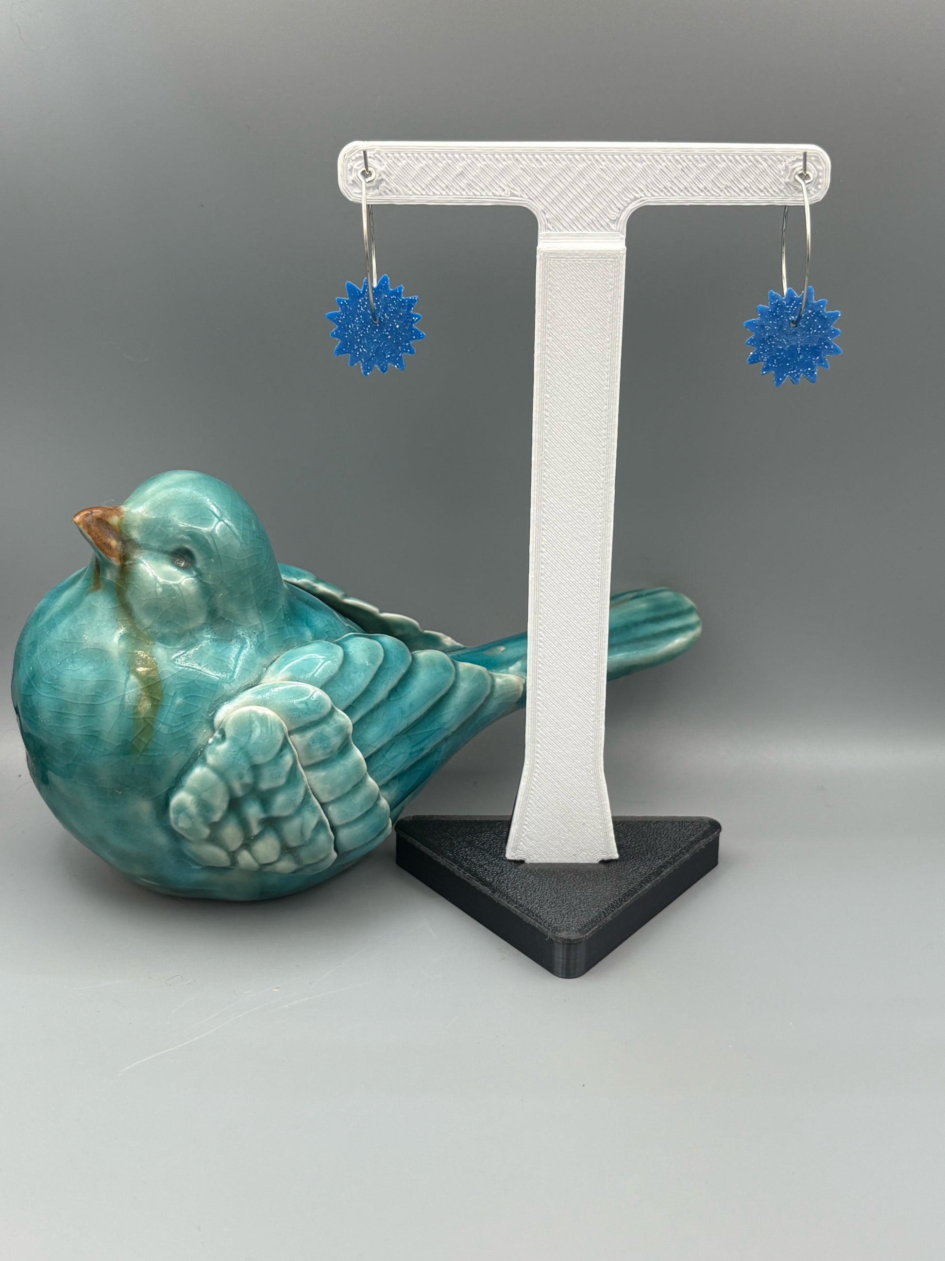 Sparkly Blue Flower Hoop Earrings - handcrafted polymer clay earrings by Lakeside Clay