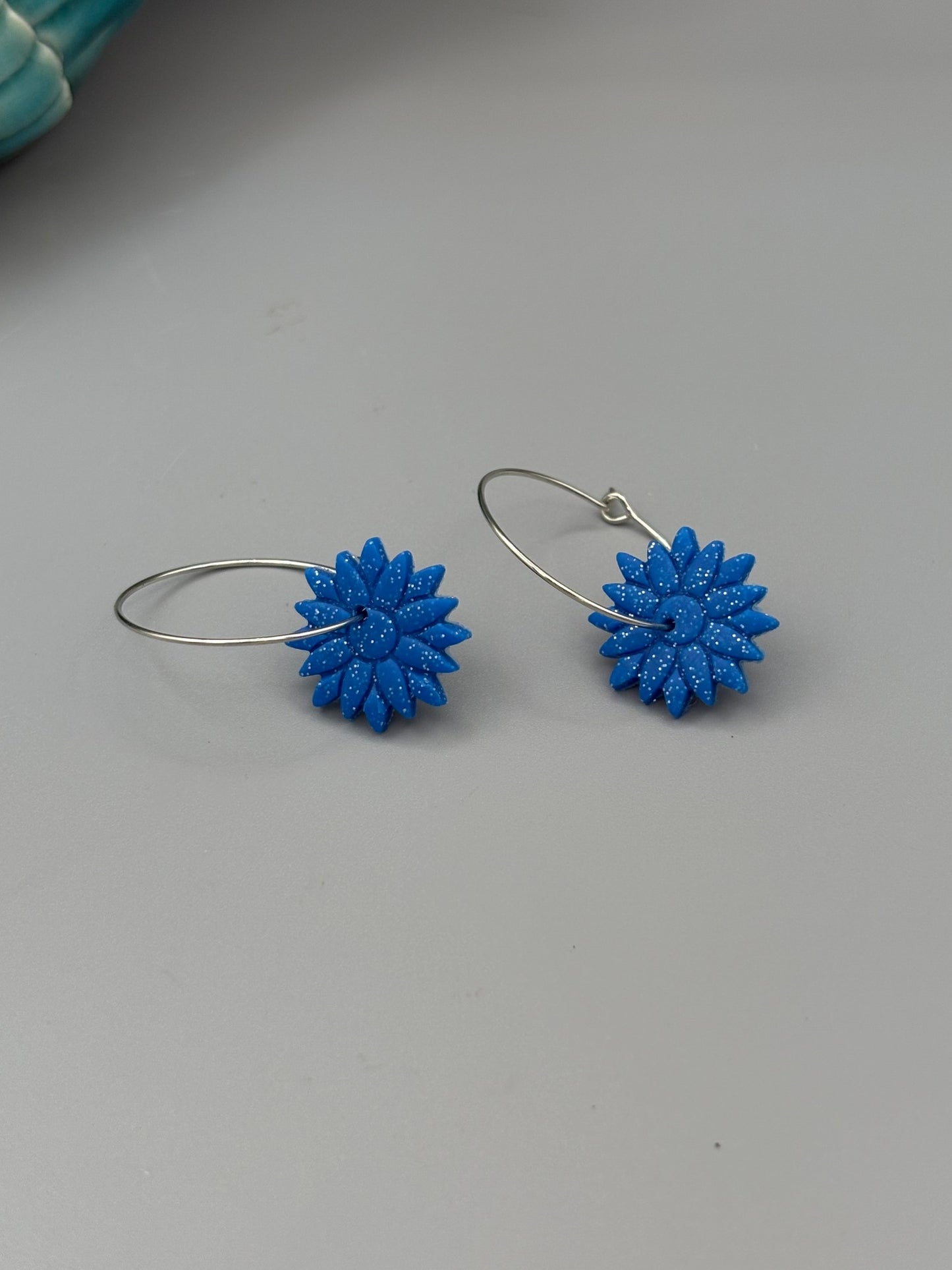 Sparkly Blue Flower Hoop Earrings - handcrafted polymer clay earrings by Lakeside Clay