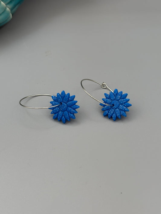 Sparkly Blue Flower Hoop Earrings - handcrafted polymer clay earrings by Lakeside Clay