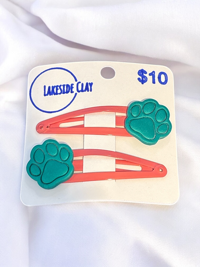 Green Paw Print Hair Clips