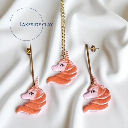 [68-2] Purple Unicorn Earring & Necklace Set